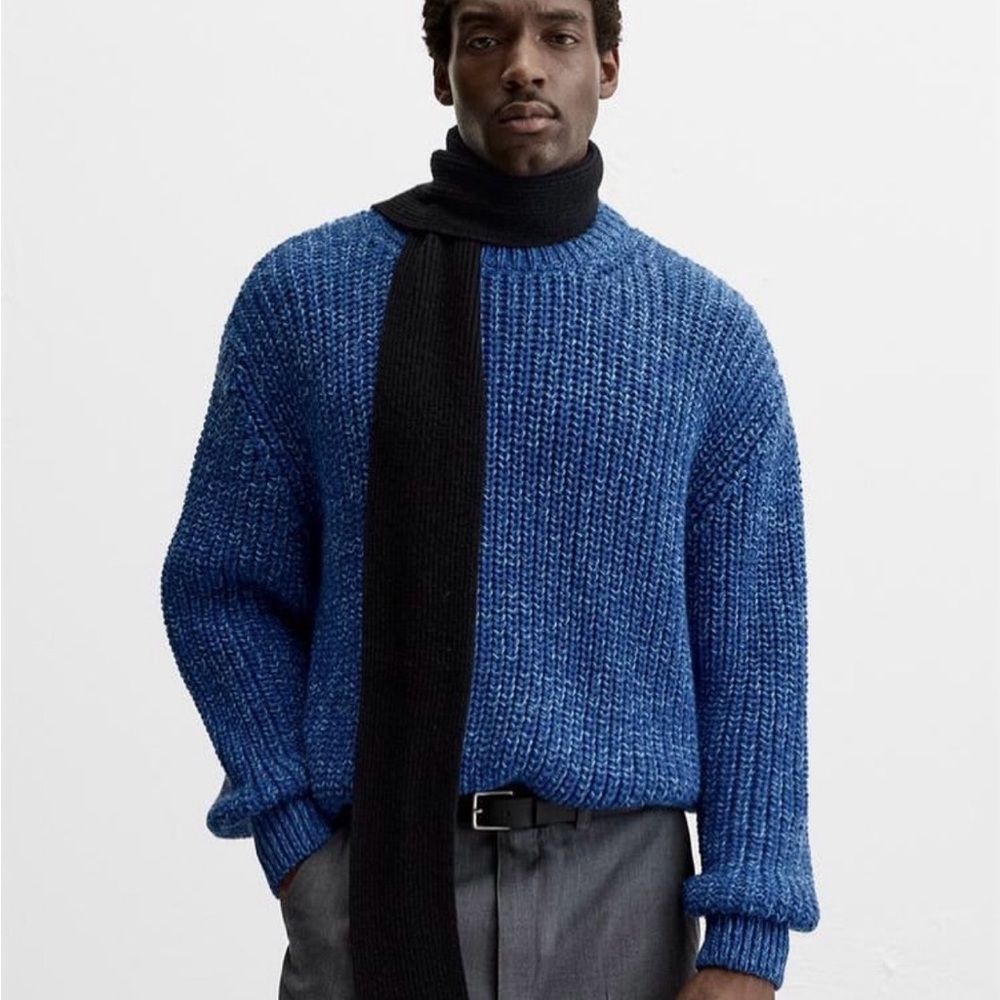 Zara Textured Blue Chunky Knit Men's Sweater Classic Crewneck Large